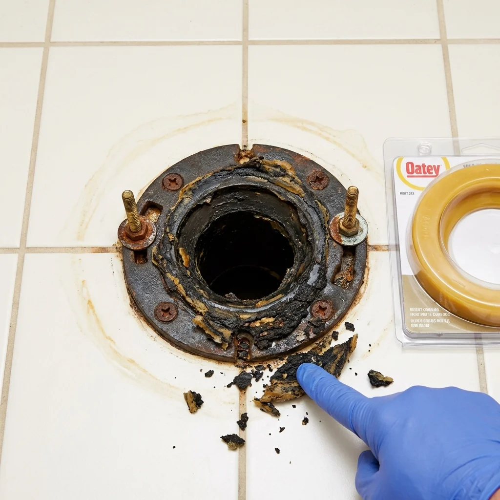 Failed wax ring showing water seepage at the base of a toilet in a Glen Rock, NJ home