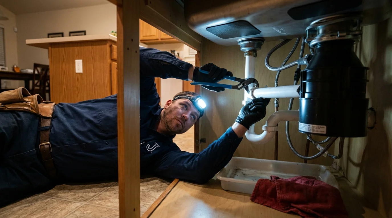 P-trap and supply line connections under a kitchen sink showing a common leak point in Glen Rock, NJ